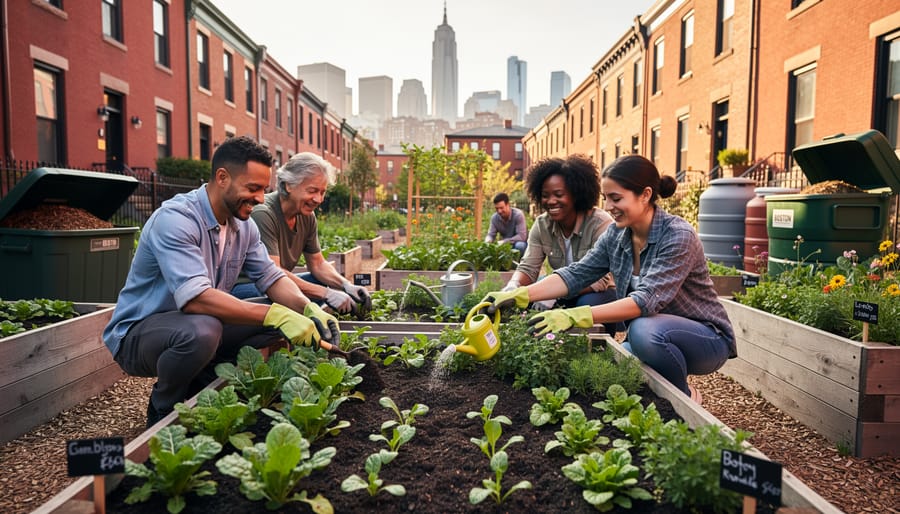 Diverse group of people planting vegetables in raised garden beds in urban Boston setting