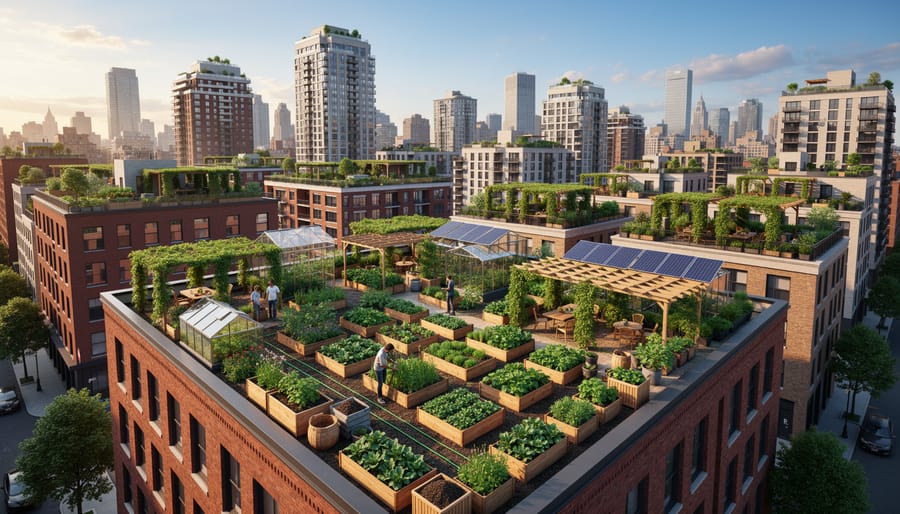 Aerial view of rooftop garden with raised beds surrounded by Boston urban buildings