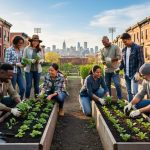 Diverse community gardeners planting seedlings in raised beds at golden hour with the Boston skyline and subtle stadium light towers in the background.