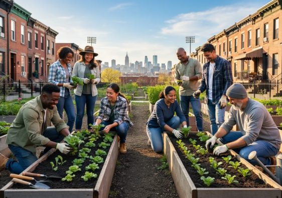 Diverse community gardeners planting seedlings in raised beds at golden hour with the Boston skyline and subtle stadium light towers in the background.