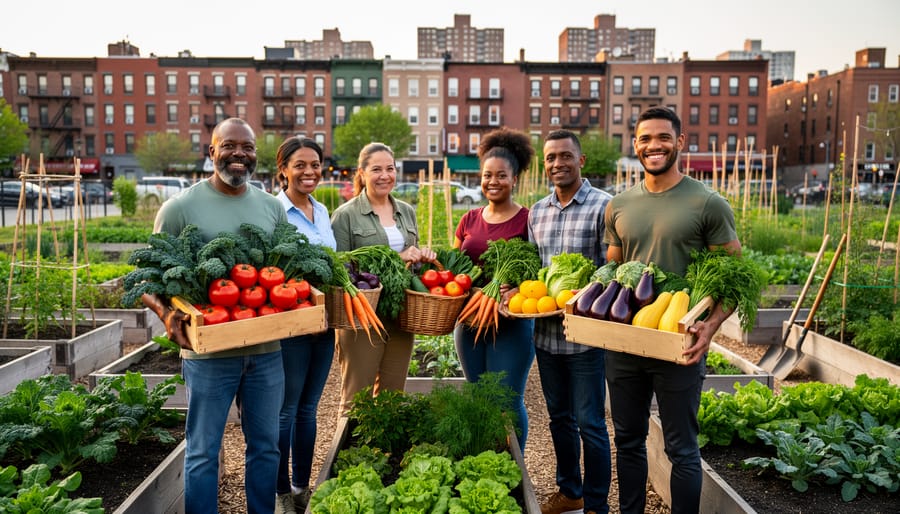 Hands holding freshly harvested colorful vegetables from urban garden