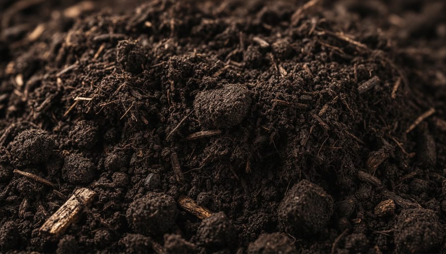 Close view of dark biodynamic compost with organic matter texture in warm golden light