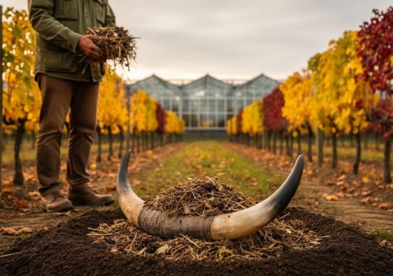 A winemaker kneels in a vineyard garden bed with a cow horn filled with compost near healthy grapevines under soft daylight.
