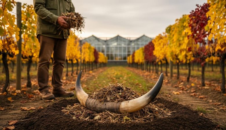 A winemaker kneels in a vineyard garden bed with a cow horn filled with compost near healthy grapevines under soft daylight.