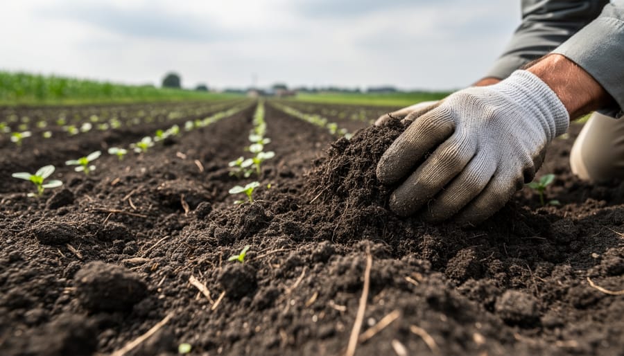 Close-up of dark compost-enriched soil with small visible root tips