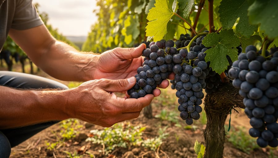 Worker’s hands holding a cluster of ripe red grapes in a vineyard or winery setting