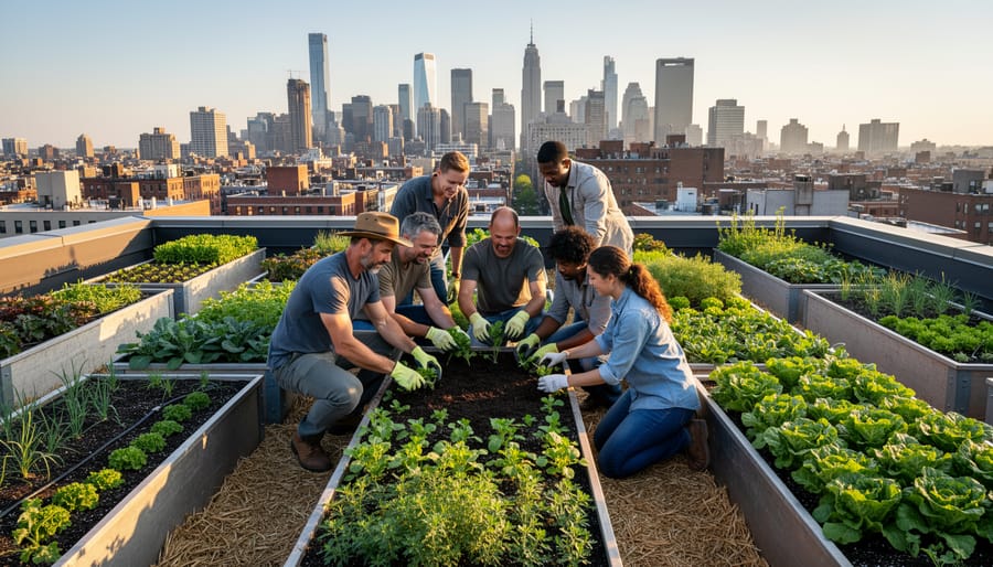 Volunteers working with an urban arable container garden on a rooftop during golden hour