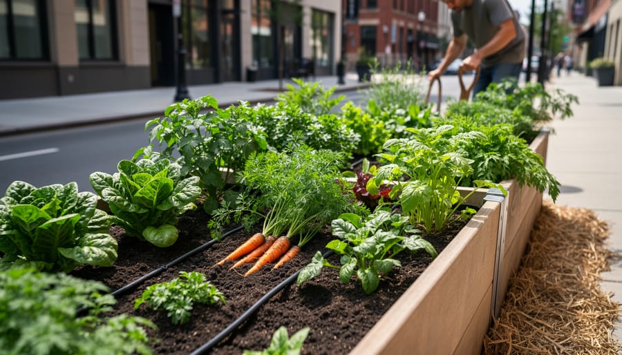 Raised garden bed with thriving leafy greens growing in an urban community garden, with soil and irrigation visible
