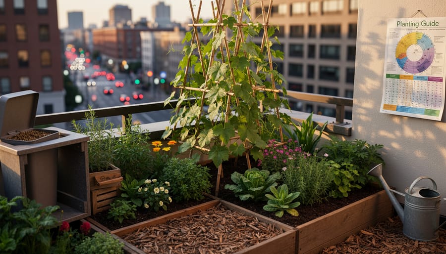 Grape vines growing in biodiverse rooftop planters with cover crops and trellises in natural daylight