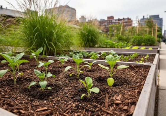 “Seedlings growing in raised and in-ground beds with rich soil in an urban community garden setting.”
