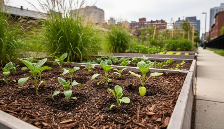 “Seedlings growing in raised and in-ground beds with rich soil in an urban community garden setting.”