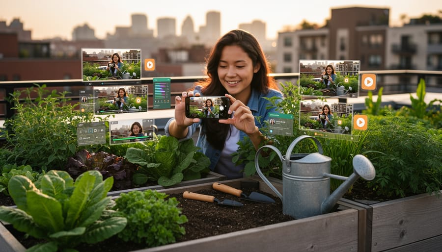 A smartphone glowing beside urban seedlings in a planter while a creator prepares compost
