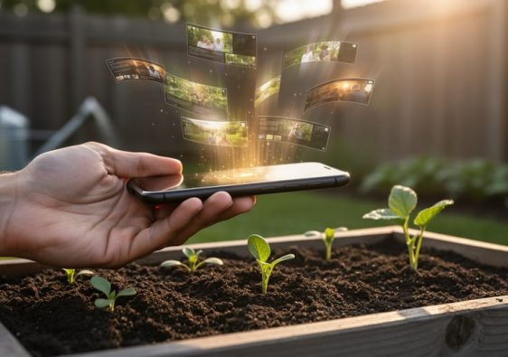 A smartphone held above a planter as blurred video-clip fragments float like harvested pieces over a backyard garden.