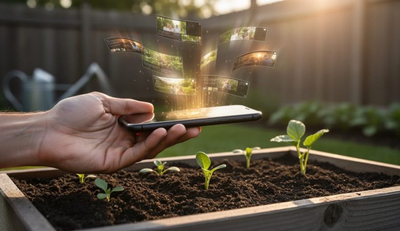 A smartphone held above a planter as blurred video-clip fragments float like harvested pieces over a backyard garden.
