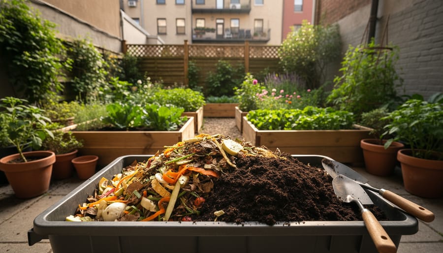 Close-up of rich compost with visible plant scraps in a wooden compost bin in an urban garden