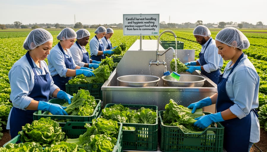 Farmer washing freshly harvested leafy greens in a clean stainless steel wash area