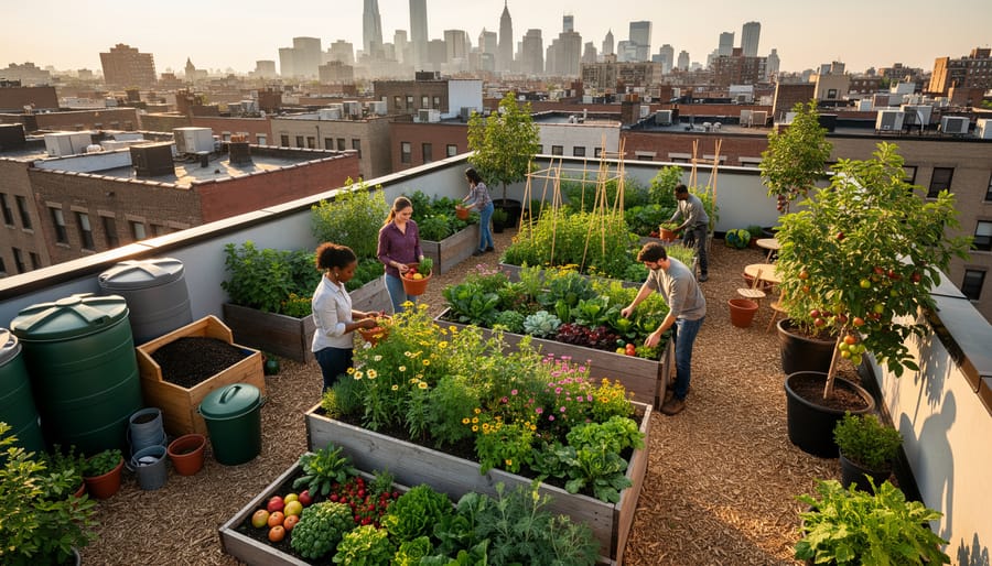 Gardener watering plants in a rooftop community garden with raised beds and a rainwater collection barrel in the background