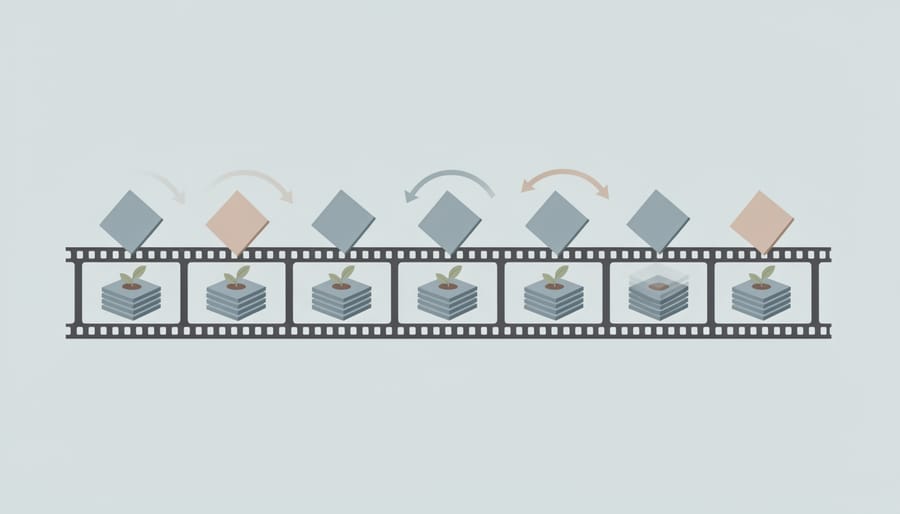 Hand arranging film-strip style clip pieces next to a smartphone with abstract glowing shapes