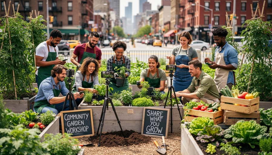 Laptop and smartphone beside raised garden planters with a volunteer holding a camera gimbal and watering can