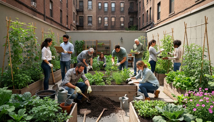 Neighbors gardening together in a small urban backyard permaculture garden during golden hour