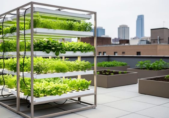 Hydroponic racks with fresh leafy greens in a modern urban farm located on a city lot with blurred buildings in the background.