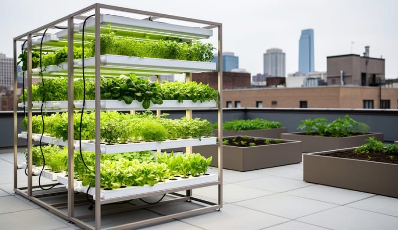 Hydroponic racks with fresh leafy greens in a modern urban farm located on a city lot with blurred buildings in the background.