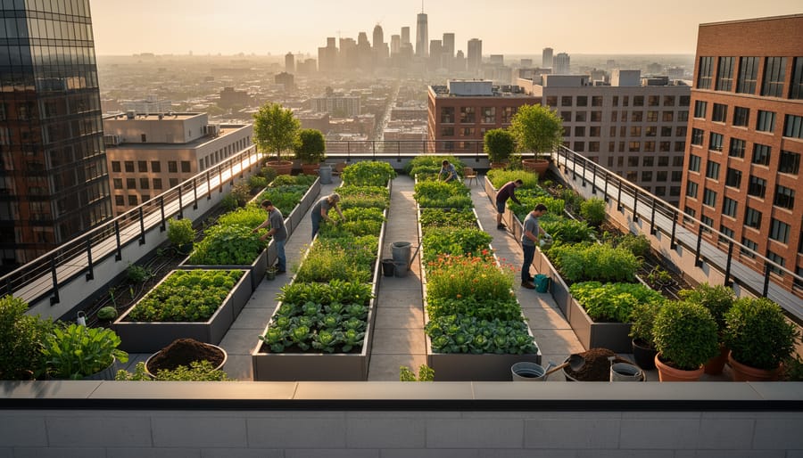Rooftop urban farm with raised beds of leafy greens and trellises growing above a city street scene