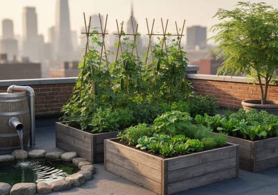 Urban rooftop permaculture garden with raised vegetable beds, trellised plants, shaded greens, and a small pond connected to rainwater collection.