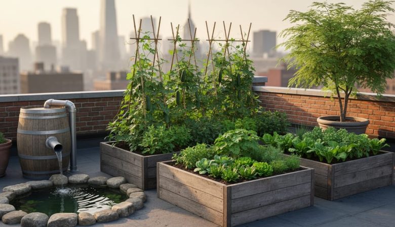 Urban rooftop permaculture garden with raised vegetable beds, trellised plants, shaded greens, and a small pond connected to rainwater collection.