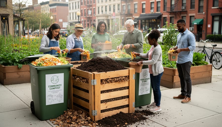 Person adding kitchen scraps to an open compost bin at a community composting station.