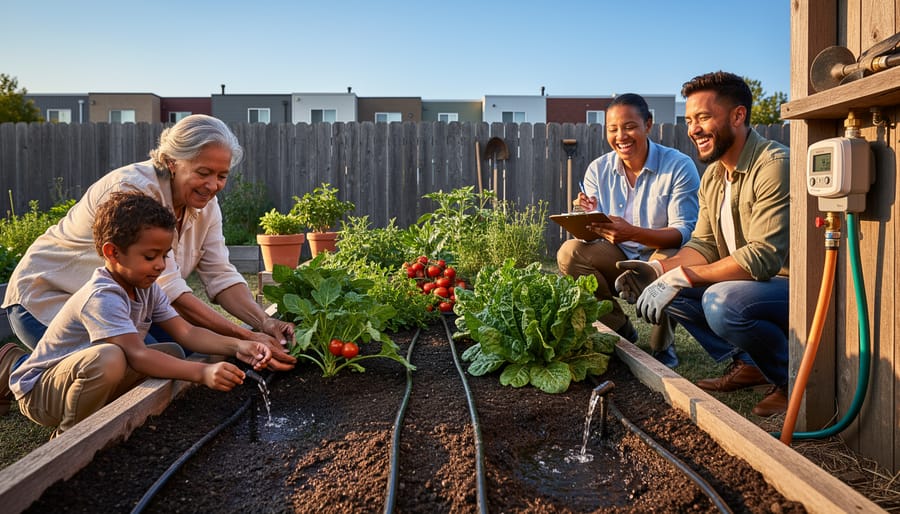 People in a community garden watering seedlings with drip irrigation hoses in raised beds during golden hour.