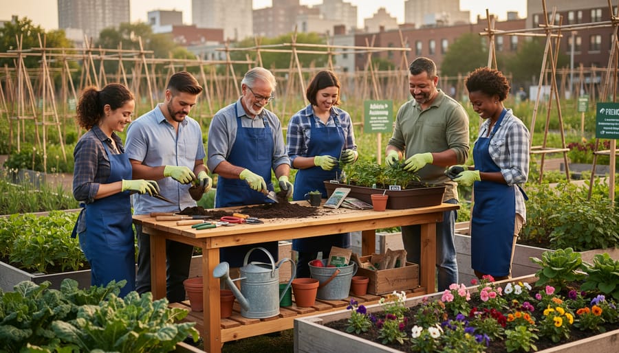 Gardeners collaborating by exchanging tools at a shared tool area in a community garden