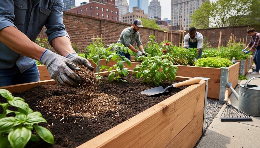 Gardener’s hands adding compost to a raised bed with young seedlings nearby.