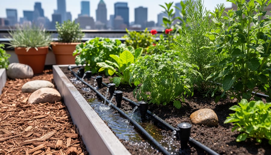 Drip irrigation tubing watering vegetable plants in an urban garden bed.