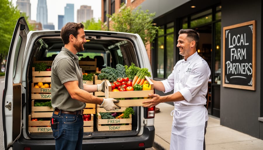 Chef and farmer exchanging a crate of fresh vegetables outside a restaurant.