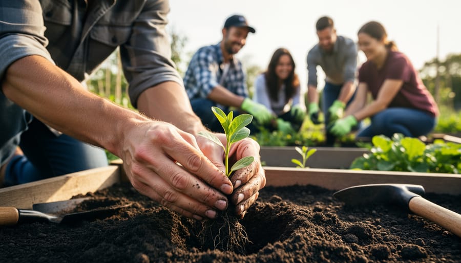 Close-up of hands planting seedlings in soil inside a raised bed garden