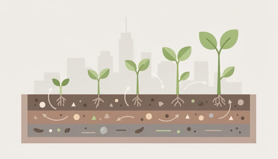 Close-up of dark compost and seedlings growing from healthy soil in a small container.