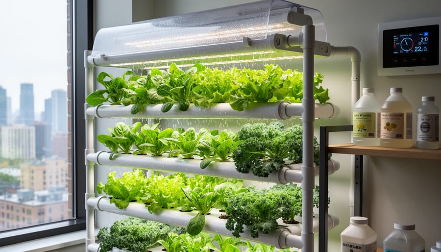 Fresh leafy greens growing on a hydroponic rack inside a bright urban greenhouse.