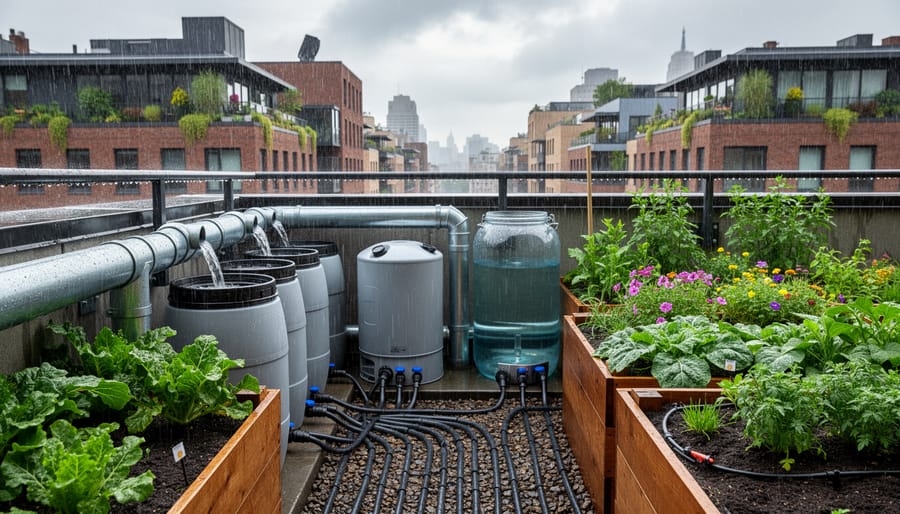 Rain barrel connected to a downspout with drip irrigation watering potted plants on a porch.