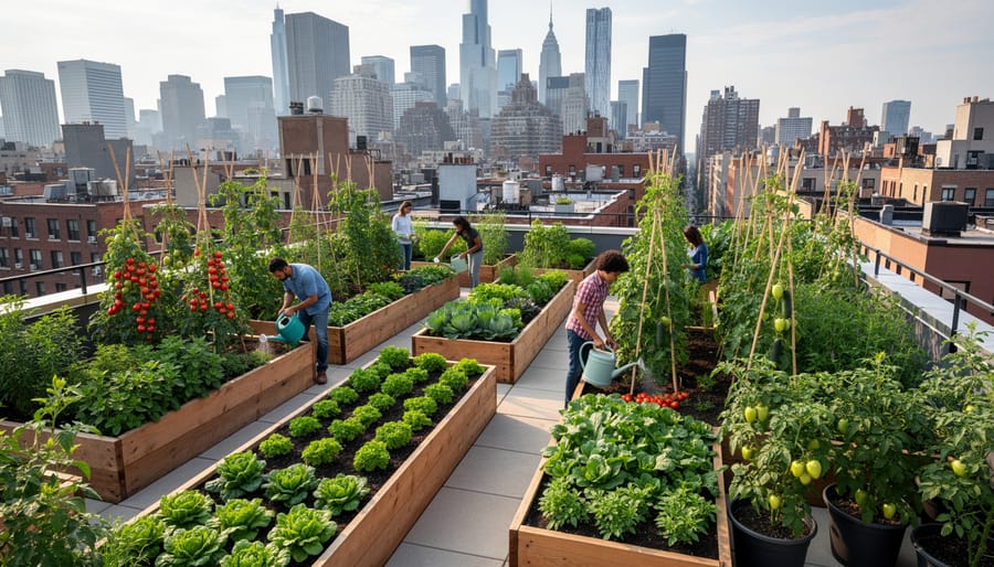 Leafy greens growing in planters on a rooftop garden with a softly blurred city skyline in the background.