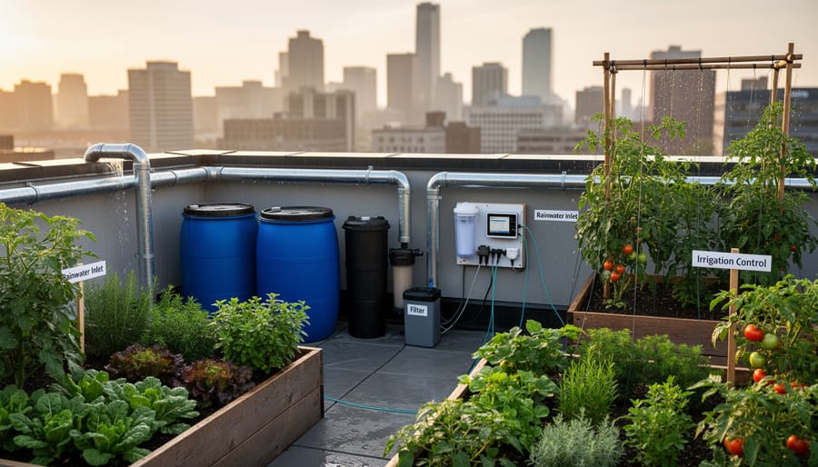 Rooftop urban garden with raised beds and a rainwater collection barrel in warm golden light.