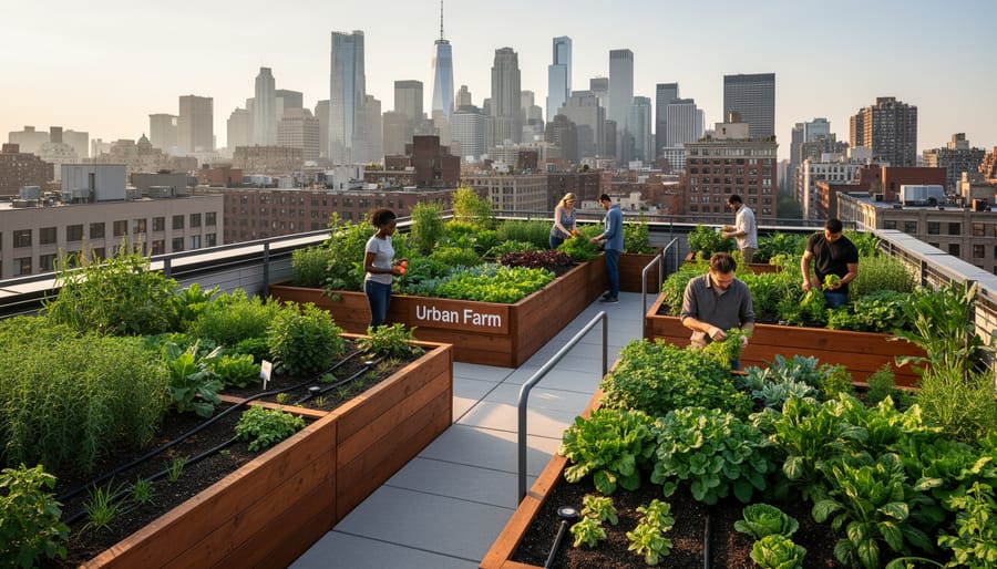 Rooftop planters with leafy greens and herbs above a dense city skyline.