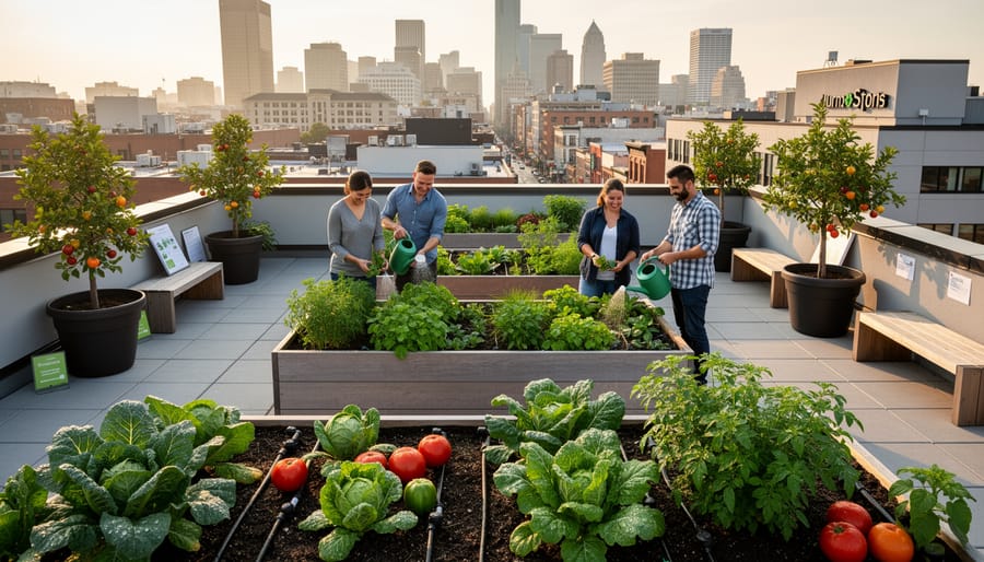 Rooftop urban garden with raised beds of leafy greens in front of an office building.