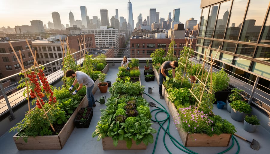 Lush rooftop garden with raised planter beds and leafy vegetables visible against a soft-blurred city skyline.