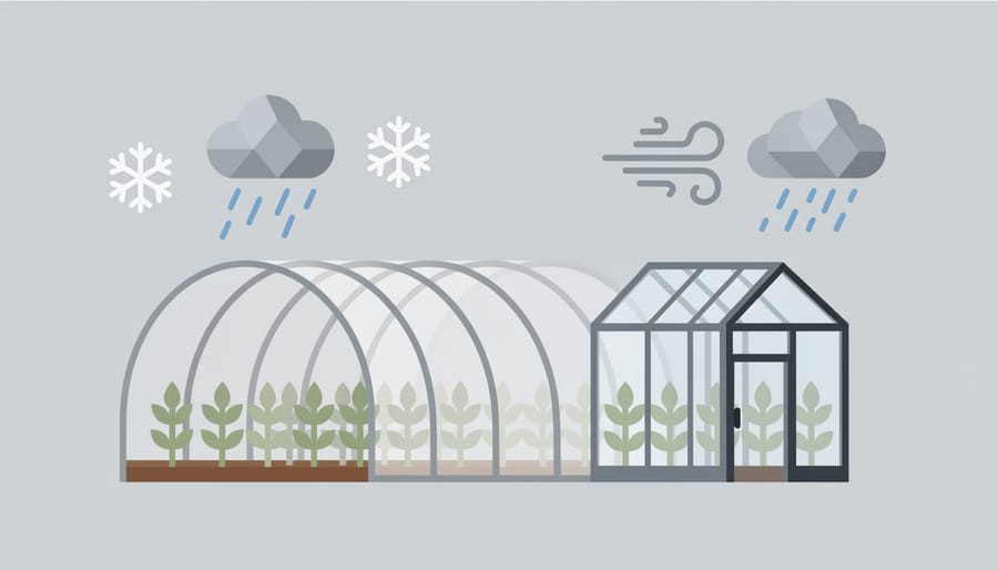 Seedlings growing inside a greenhouse with bright diffused light and protective coverings.