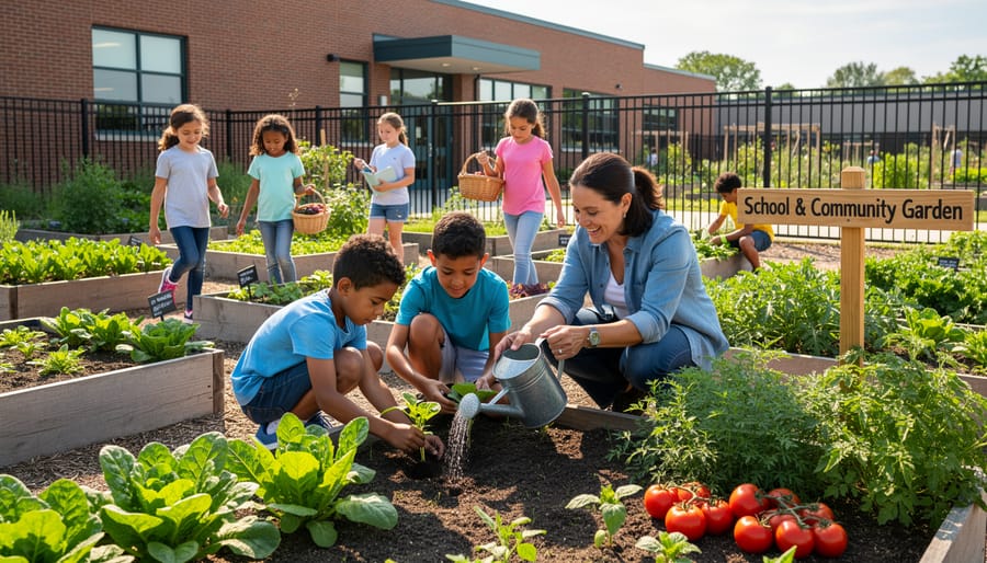 Students planting seedlings together in raised beds at a school urban garden.