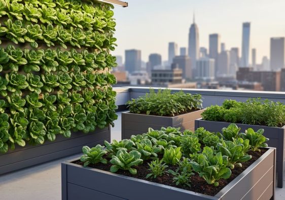 Vertical farming wall and rooftop raised planters filled with healthy leafy greens in an urban setting under soft daylight.
