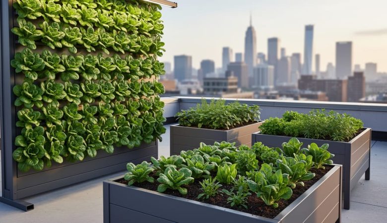 Vertical farming wall and rooftop raised planters filled with healthy leafy greens in an urban setting under soft daylight.