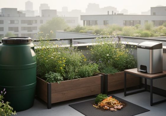 Sunlit urban balcony featuring a rainwater barrel, native wildflower planters, and a compost bin beside a city courtyard with greenery in the background.