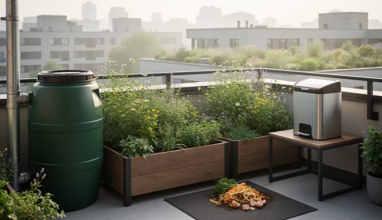 Sunlit urban balcony featuring a rainwater barrel, native wildflower planters, and a compost bin beside a city courtyard with greenery in the background.